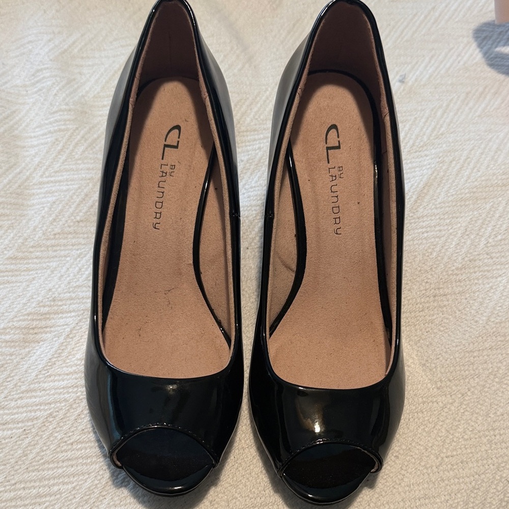 CL by Laundry Black Patent Peep Toe Heels
